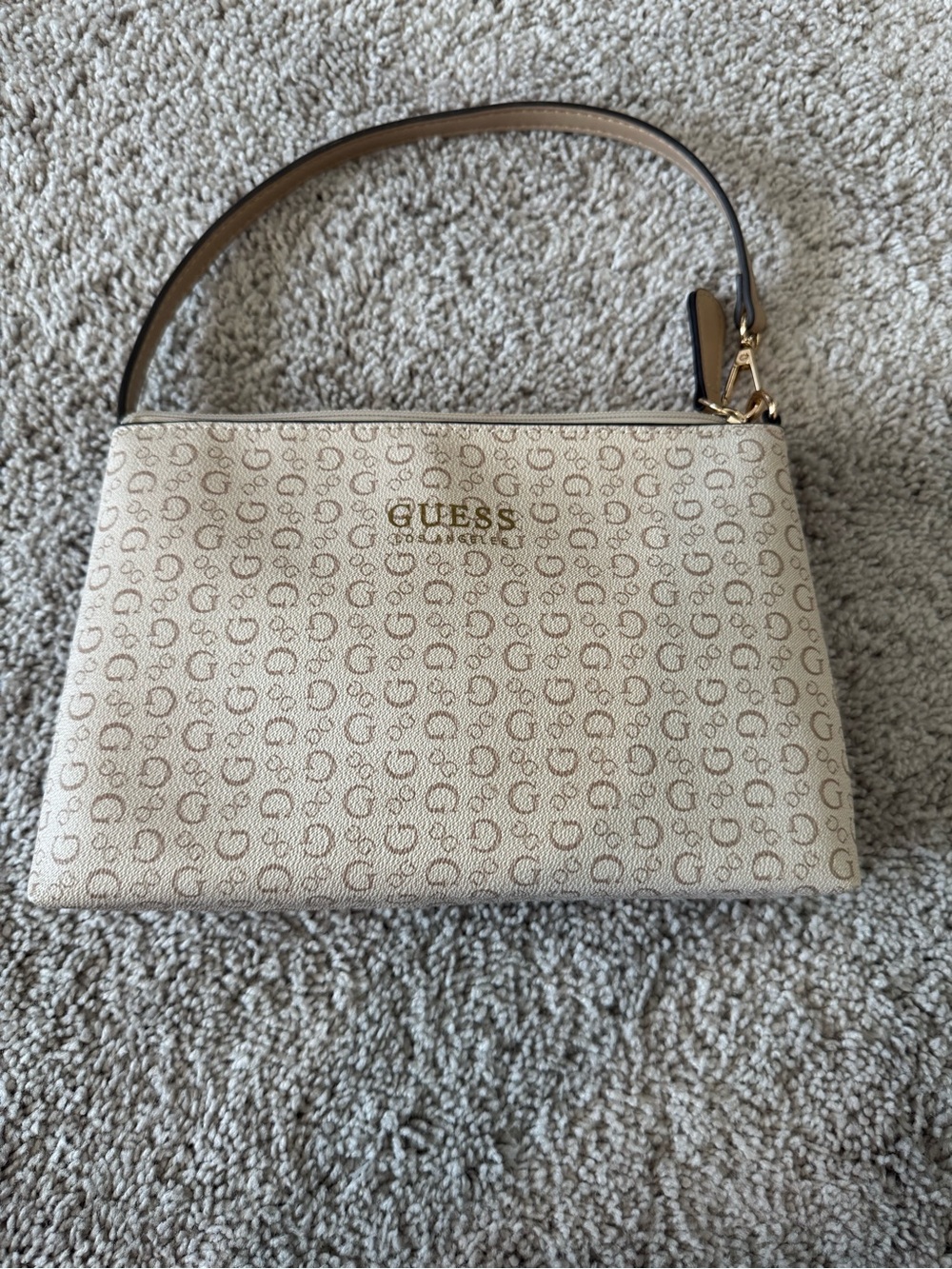 GUESS Cream Logo-Print Shoulder Bag with Brown Strap